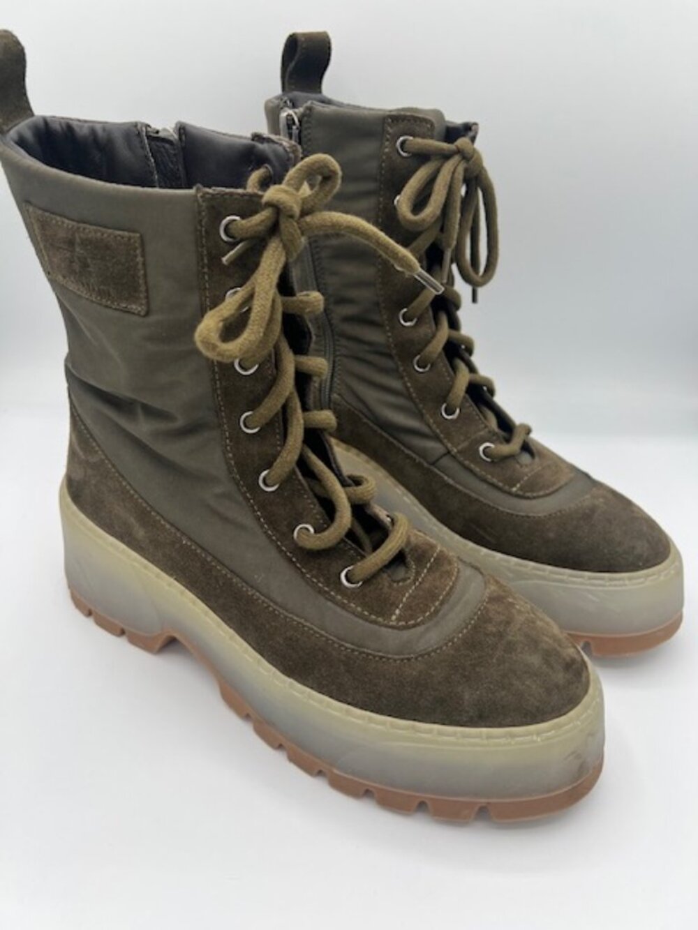 Aquatalia Olive Suede Nylon Platform Combat Boots 8.5